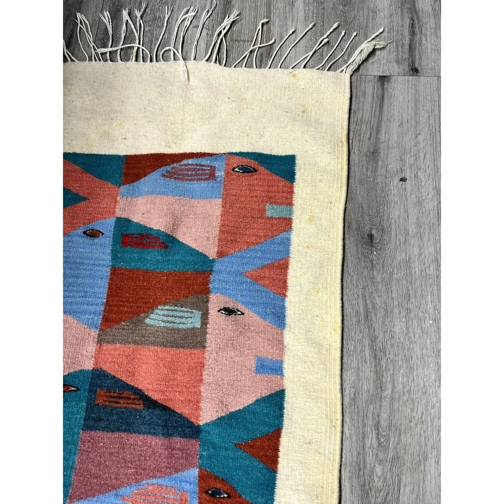 Vintage Zapotec Oaxacan Fringed Mexican Wool Rug Fish Stories Rug 58 X 23.5